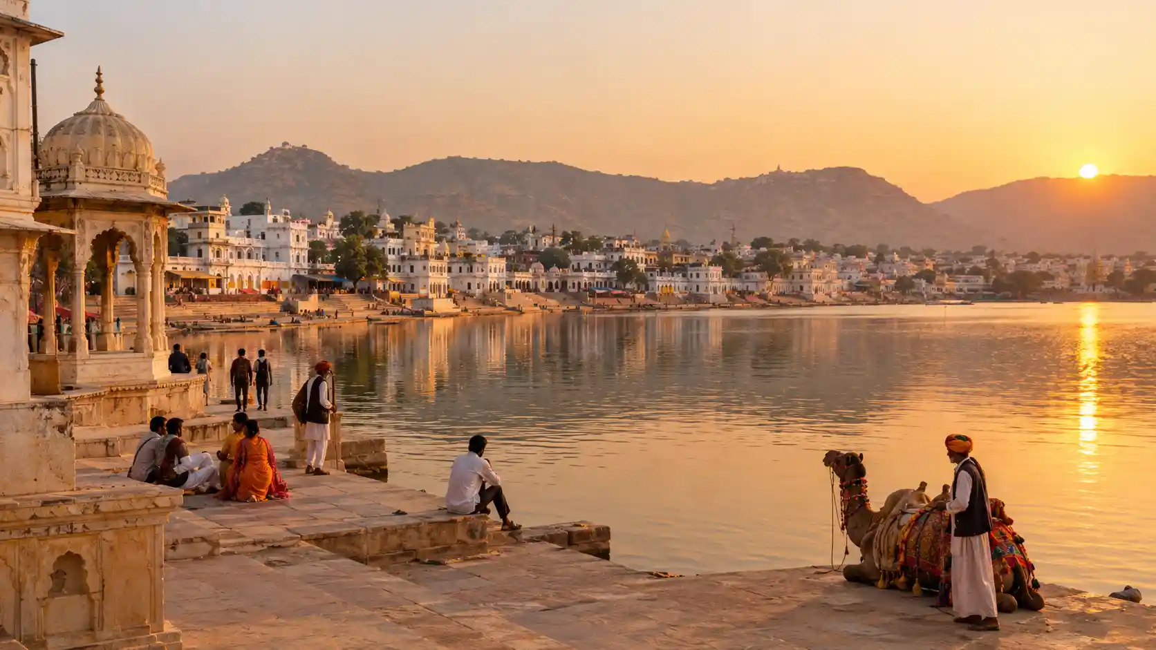 Pushkar Lake with ghats and temples in Pushkar, Rajasthan
