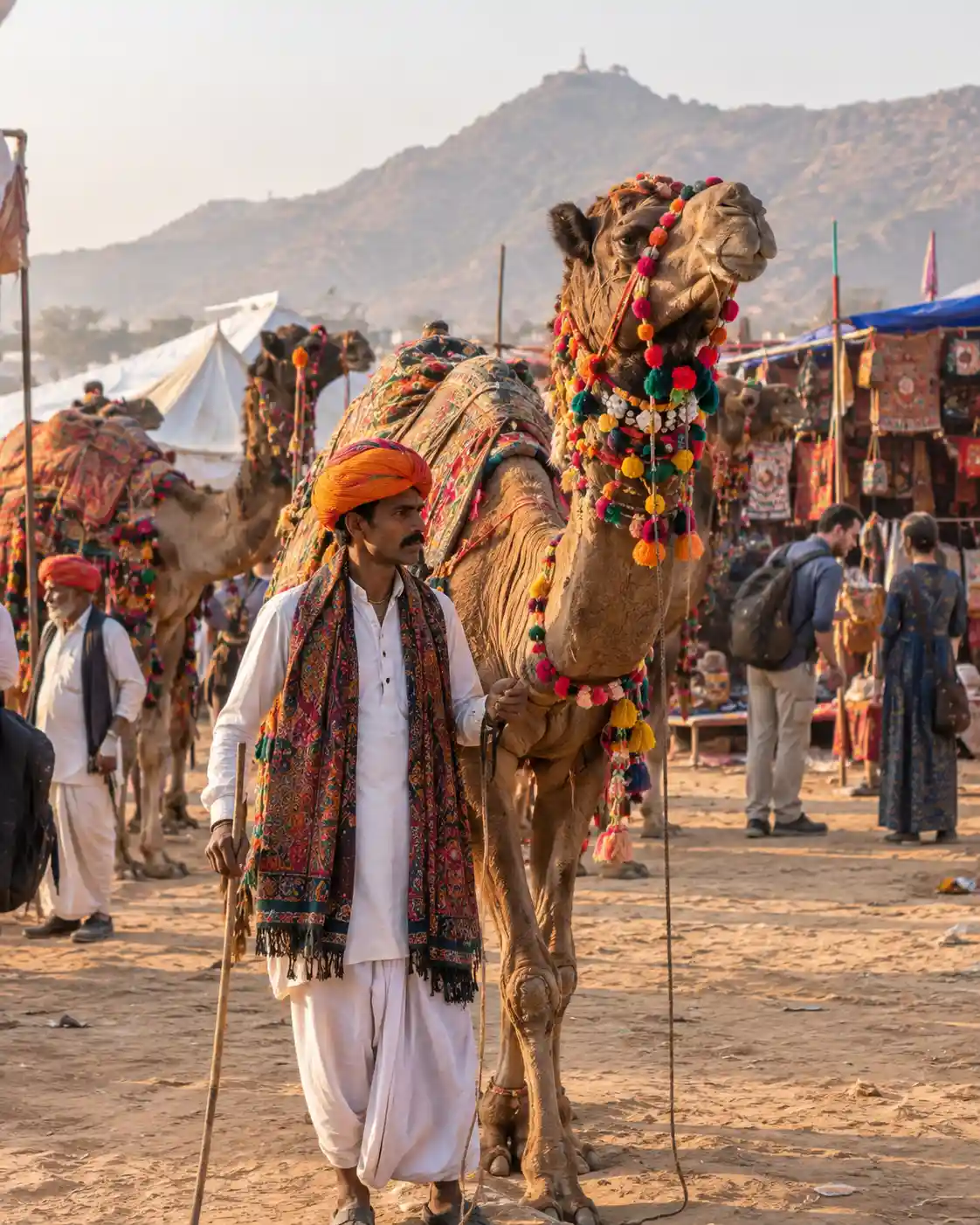 A man holding a decorated camel at the Pushkar Camel Fair in Rajasthan