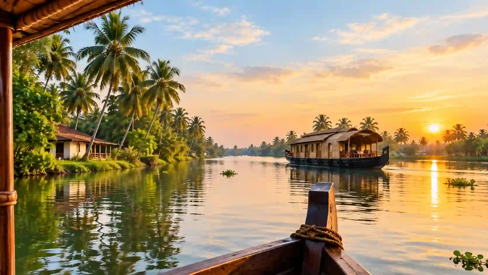Kerala backwaters houseboat among palm-fringed lagoons