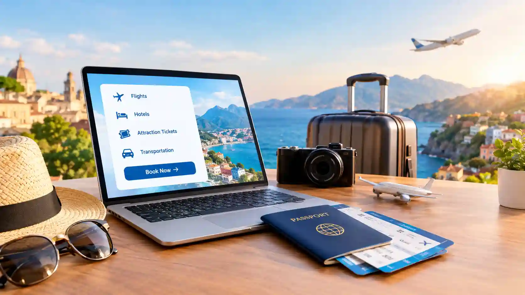 Laptop showing flight, hotel, attraction ticket and transportation booking options beside a passport and boarding passes