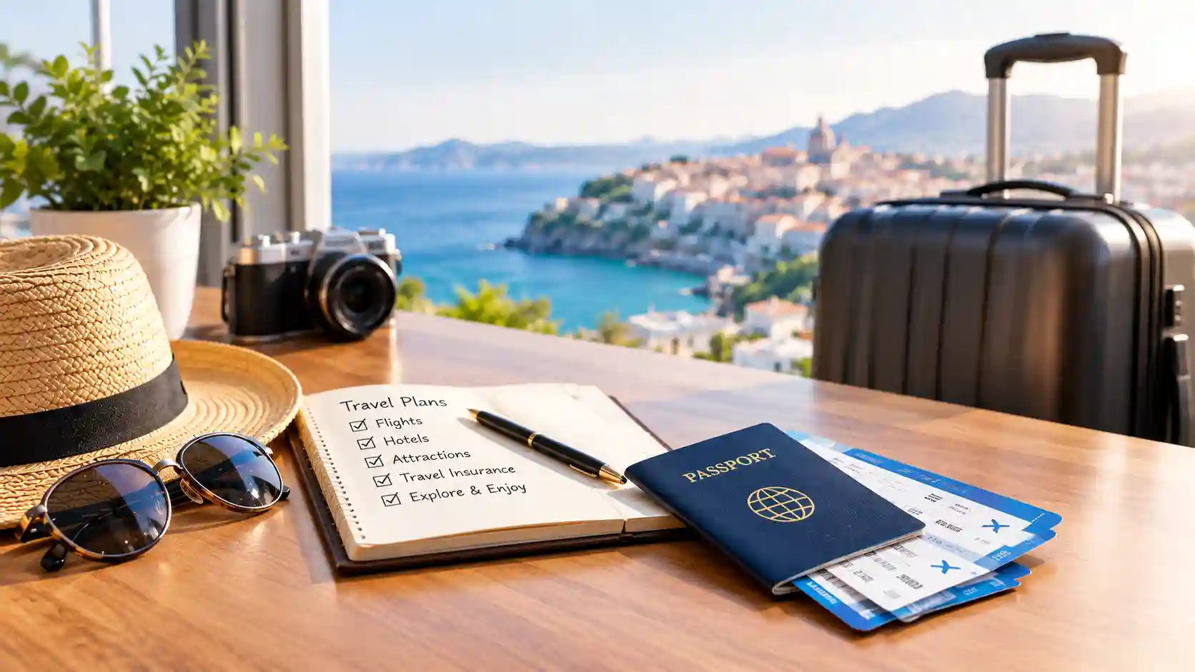 Travel planning notebook with flights, hotels and attractions checklist, passport, boarding passes and suitcase by a coastal view